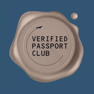 A wax seal graphic with the words "verified passport club" and an airplane graphic.